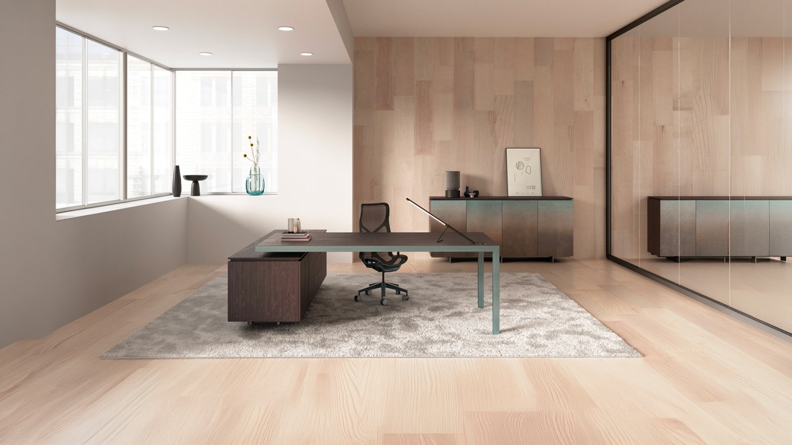 Archiutti 老板桌 Fattore Alpha，烟熏橡木桌面配黑色框架