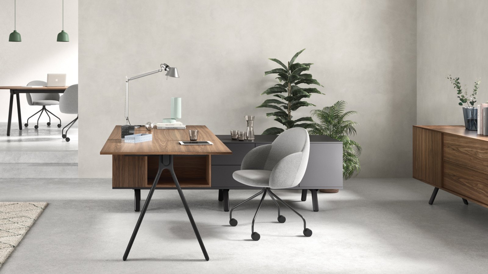 Archiutti 的 Lay 设计师办公桌，浅灰桌面配红色结构