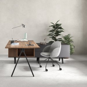 Archiutti 的 Lay 设计师办公桌，浅灰桌面配红色结构