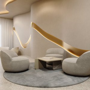 石质顶板下 Ginza Tower 的无拉手按压式抽屉面板