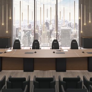 带全高背板的 AlfaOmega 半椭圆会议桌