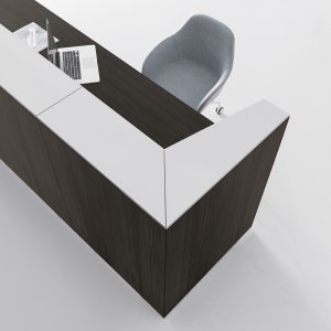 DVO Office Qubo 前台上的暗棕色迎宾台面