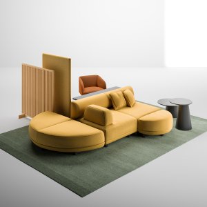 大堂中央的 Node+ 岛形坐垫 180 × 180 厘米与软包靠背